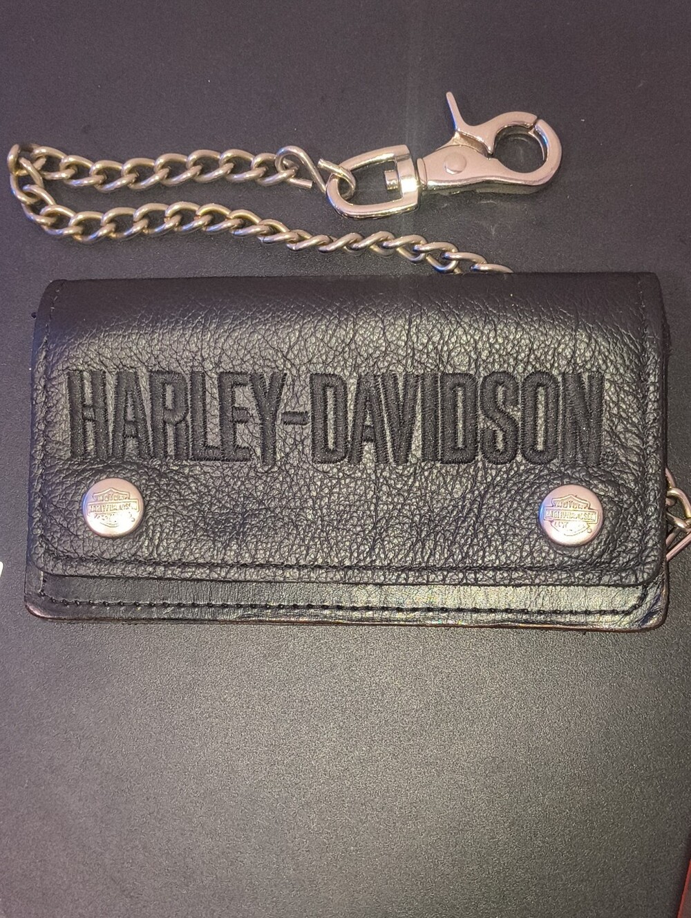Harley-Davidson Black Leather Wallet with Silver Chain and Embossed Logo